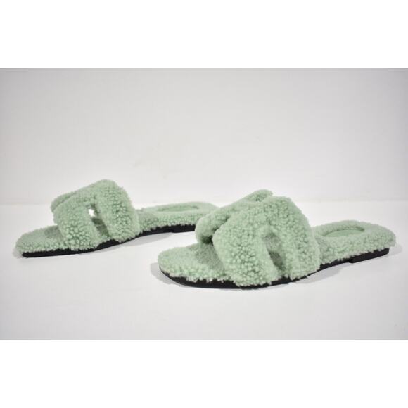 Hermes Oran Teddy Shearling Fur Green H Logo Slide Sandal Mule Flat Flip Flop 42 - Picture 9 of 12